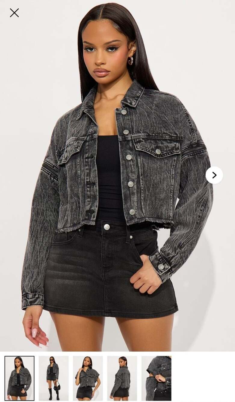 Fashion Nova Denim Jacket Size M Black Acid Wash Zip Off Sleeves Crop